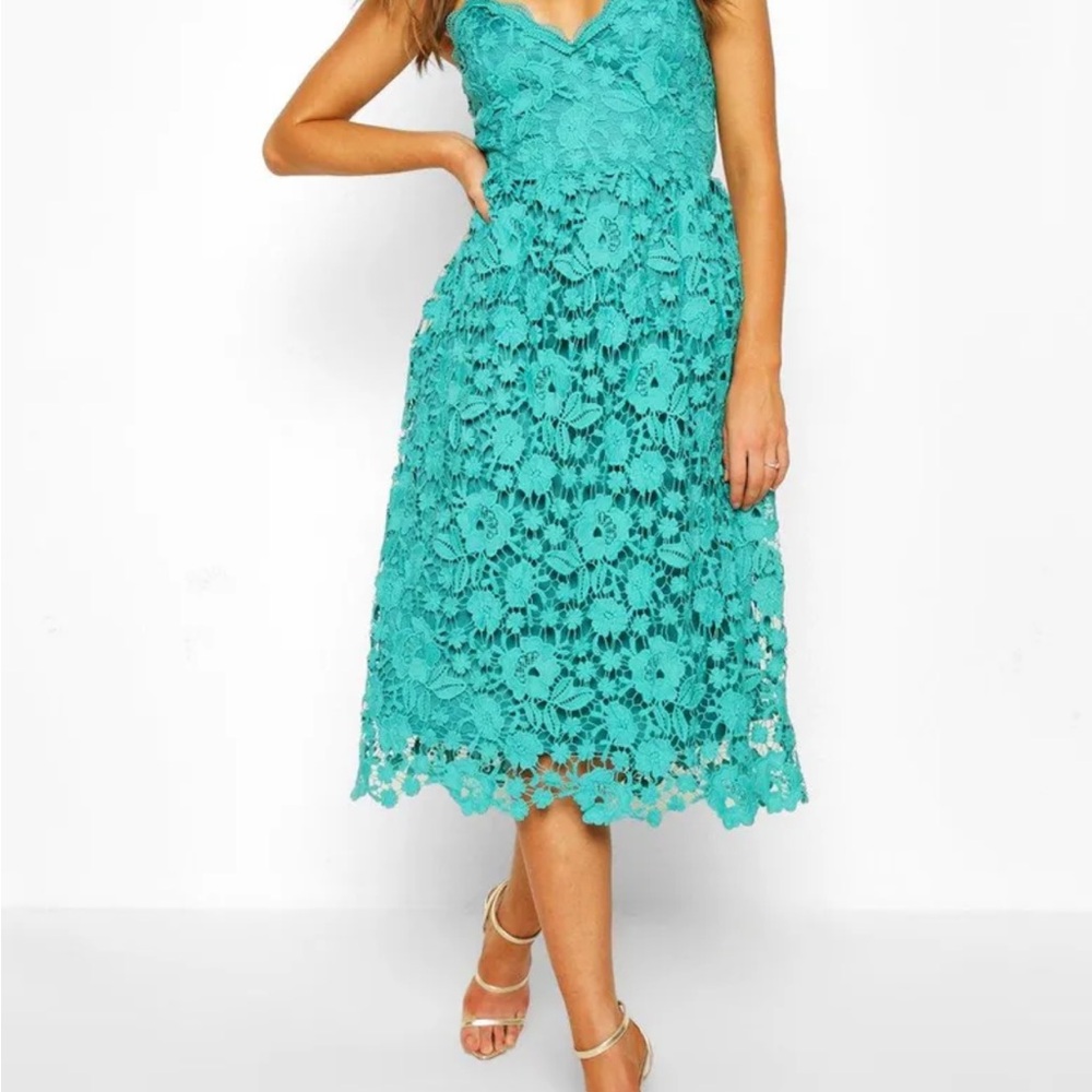 Boohoo Turquoise Floral Lace Midi Dress